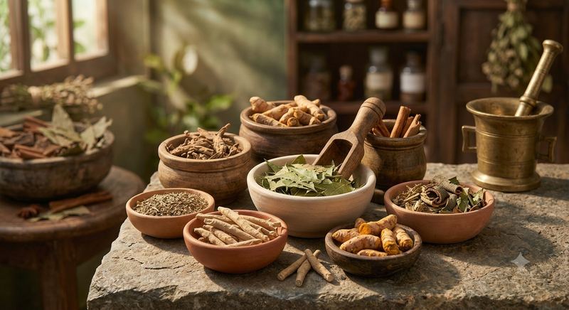 Authentic raw Ayurvedic herbs, barks and Nalpamaram roots