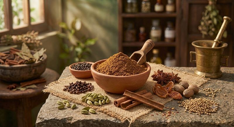 Whole Kerala spices and fresh Garam Masala powder